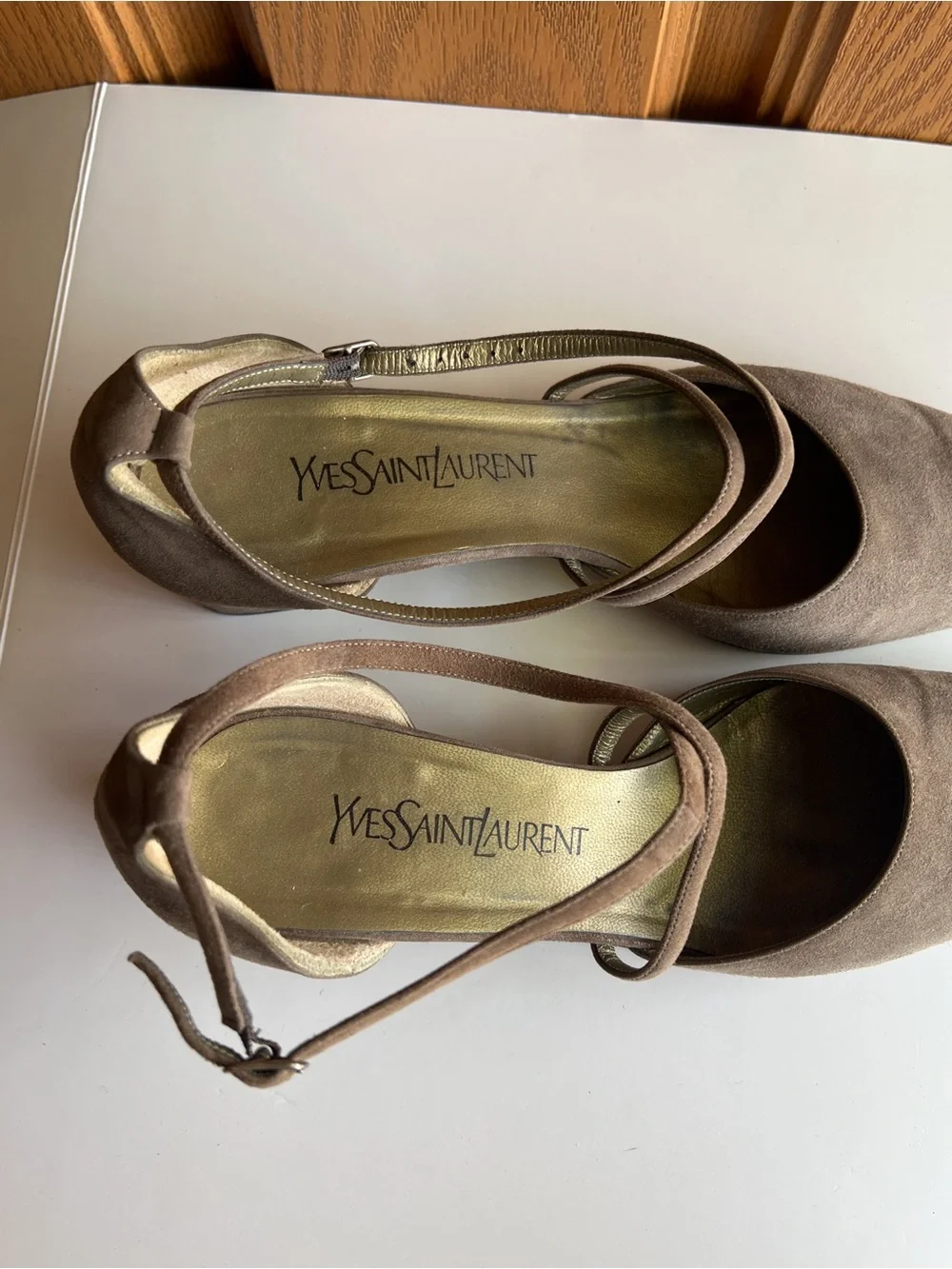 Vintage Yves Saint Laurent Taupe Suede D'Orsay Cross Strap Pumps Size 10M